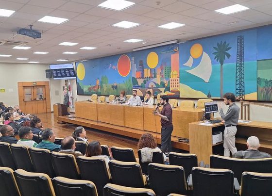 Público no Auditório Prestes Maia acompanha fala de participante em reunião sobre direito dos migrantes, promovida pela vereadora Luna Zarattini.