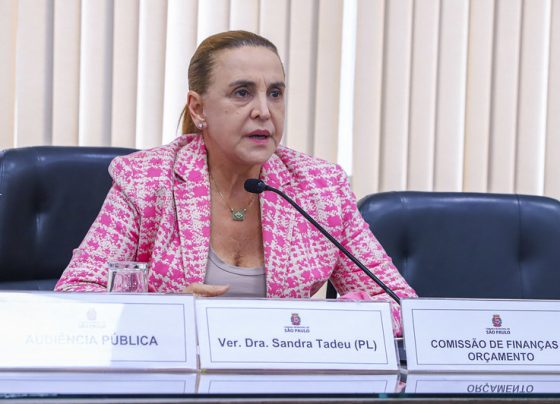 Foto de mulher sentada à mesa com microfone. Usa blazer rosa com padrão claro. Fundo com persianas verticais em tom bege e iluminação uniforme. Texto: “AUDIÊNCIA PÚBLICA”, “Ver. Dra. Sandra Tadeu (PL)” e “COMISSÃO DE FINANÇAS E ORÇAMENTO”.