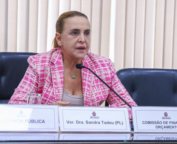 Foto de mulher sentada à mesa com microfone. Usa blazer rosa com padrão claro. Fundo com persianas verticais em tom bege e iluminação uniforme. Texto: “AUDIÊNCIA PÚBLICA”, “Ver. Dra. Sandra Tadeu (PL)” e “COMISSÃO DE FINANÇAS E ORÇAMENTO”.