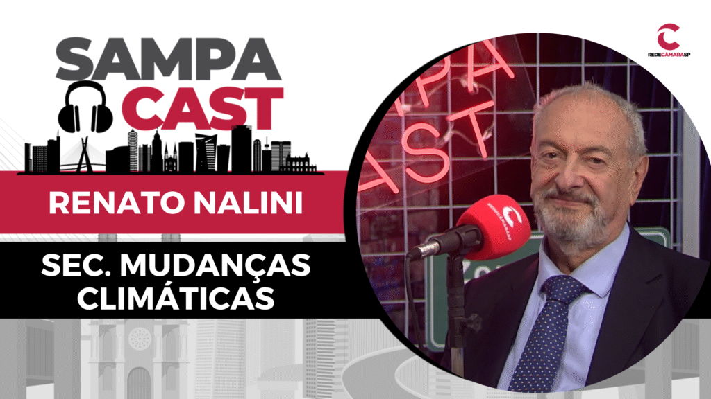 Banner do podcast “Sampa Cast” com silhueta de São Paulo e texto: “Renato Nalini – Sec. Mudanças Climáticas”. À direita, homem diante de microfone vermelho com logotipo Rede Câmara SP em estúdio iluminado.
