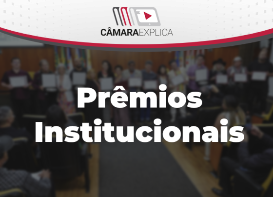 Banner com o título “Prêmios Institucionais” e logotipo do Câmara Explica no topo. Pessoas em pé seguram certificados. Ambiente interno, fundo com bandeiras coloridas e parede de madeira, iluminação uniforme e foto nítida.