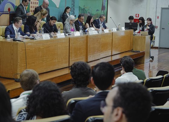 Imagem de uma mesa com oito pessoas sentadas e duas em pé, em sessão oficial na Câmara Municipal. Ao fundo, painel colorido com ilustrações; plateia sentada observa; luz clara, ambiente formal.