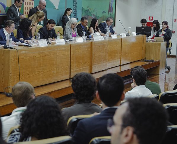 Imagem de uma mesa com oito pessoas sentadas e duas em pé, em sessão oficial na Câmara Municipal. Ao fundo, painel colorido com ilustrações; plateia sentada observa; luz clara, ambiente formal.