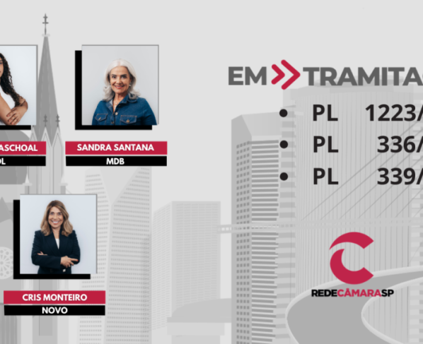 Banner com fotos de três mulheres identificadas como Amanda Paschoal, Sandra Santana e Cris Monteiro. Fundo com prédios e ponte em tons de cinza. Texto: “EM TRAMITAÇÃO – PL 1223/2025, PL 336/2023, PL 339/2024 – REDE CÂMARA SP”.