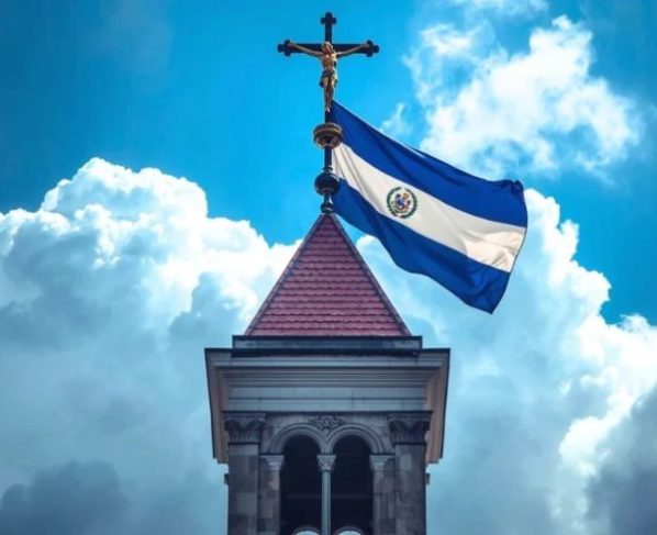 Cruz e bandeira da Nicarágua no topo de uma igreja (Foto: Canva IA)
