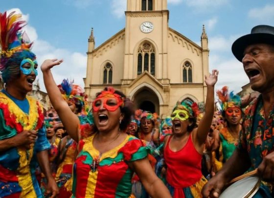 Carnanval em frente a uma igreja (Foto: Canva IA)