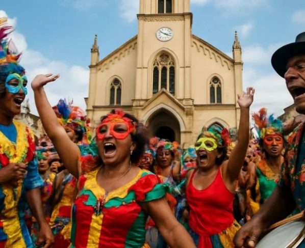 Carnanval em frente a uma igreja (Foto: Canva IA)