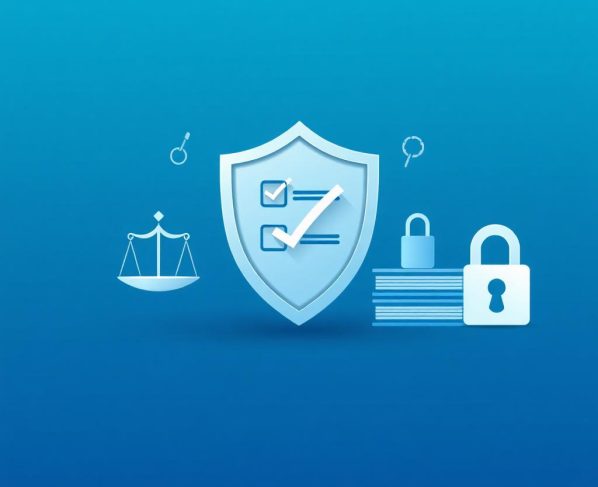 Blue shield with two checkboxes and a large checkmark, surrounded by scales of justice, a padlock, and stacked books on a blue gradient background, conveying security and privacy.