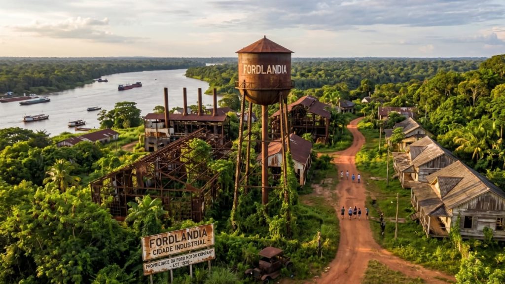 Imaginei o ângulo perfeito: uma foto de drone que captura a gigantesca caixa d'água de metal, com a marca "FORDLANDIA" ainda visível, erguendo-se sobre a selva amazônica tropical