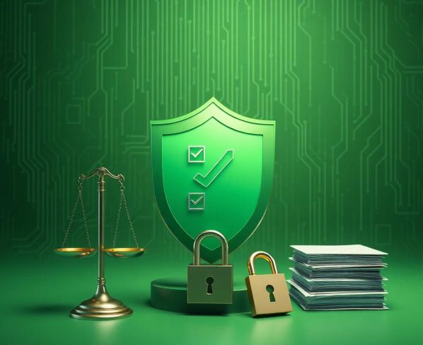 Green shield with check marks, two padlocks, scales, and a stack of documents on a circuit-board background, symbolizing data security and privacy guardrails.