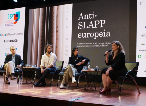 Painel sobre práticas Anti-SLAPP, apoiado pela Transparência Internacional - Brasil e pela Abraji durante o 19º Congresso de Jornalismo Investigativo, em julho/2024. Foto: Melvim Quaresma/Abraji