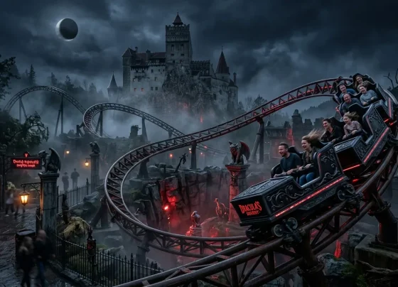 Imagem ilustrativa mostra montanha-russa familiar no Dracula Land, que já está em construção