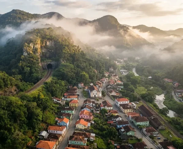 Imagem artificial gerada pelo Diário do Litoral que simula a cidade de Mendes, no Rio de Janeiro vista de cima