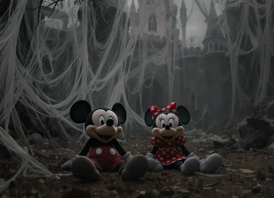 Mascotes da Disney, Michey e Minnie Mouse posam para foto na frente de parque sem público