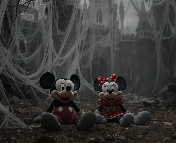 Mascotes da Disney, Michey e Minnie Mouse posam para foto na frente de parque sem público