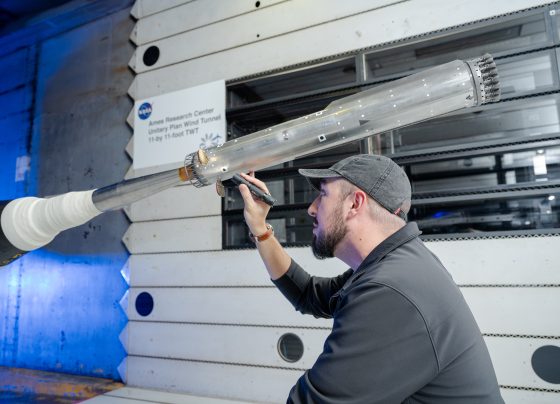 Engineers at NASA Ames conduct transonic and supersonic wind testing on a 1.2% scale model of the Super Heavy Version 3 rocket that will launch the Starship human landing system.