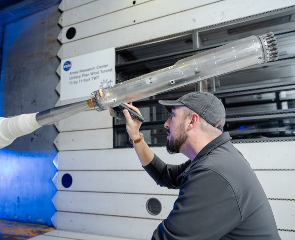 Engineers at NASA Ames conduct transonic and supersonic wind testing on a 1.2% scale model of the Super Heavy Version 3 rocket that will launch the Starship human landing system.