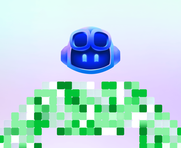 Copilot hovering above a mosaic of green squares in a decorative scene.