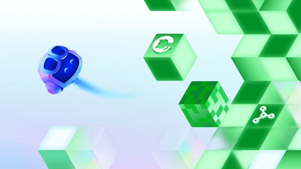 Copilot moves toward floating green cubes displaying GitHub-related icons in a decorative tech-themed scene.