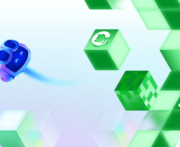Copilot moves toward floating green cubes displaying GitHub-related icons in a decorative tech-themed scene.