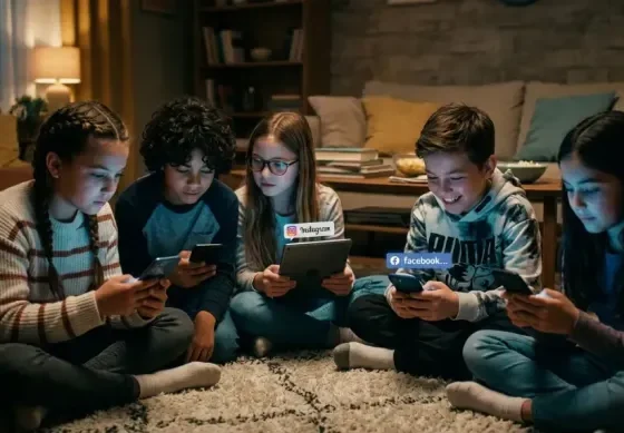 Crianças utilizando smartphones acessando redes sociais da Meta. (Foto: Reprodução/IA)