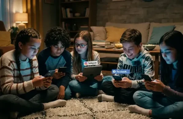 Crianças utilizando smartphones acessando redes sociais da Meta. (Foto: Reprodução/IA)