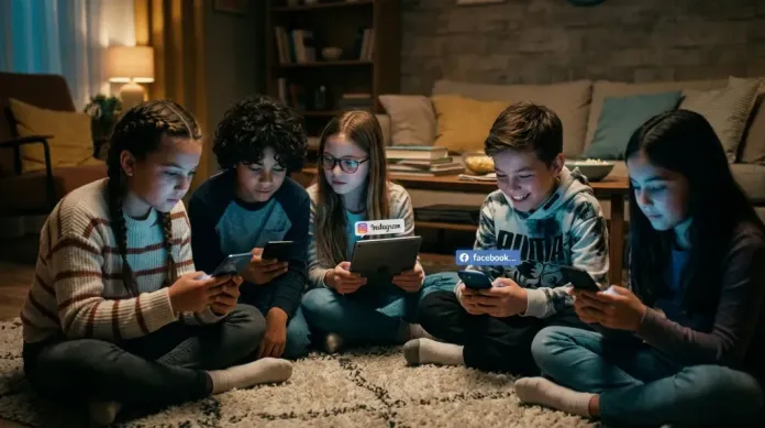 Crianças utilizando smartphones acessando redes sociais da Meta. (Foto: Reprodução/IA)